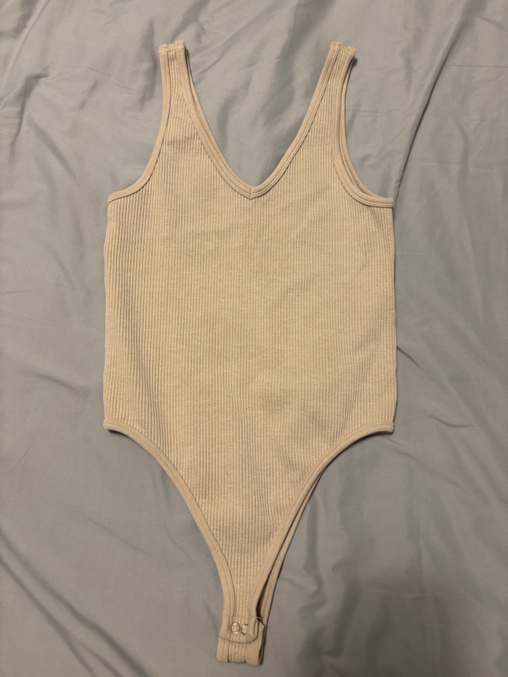 Ribbed V-Neck Bodysuit in Beige